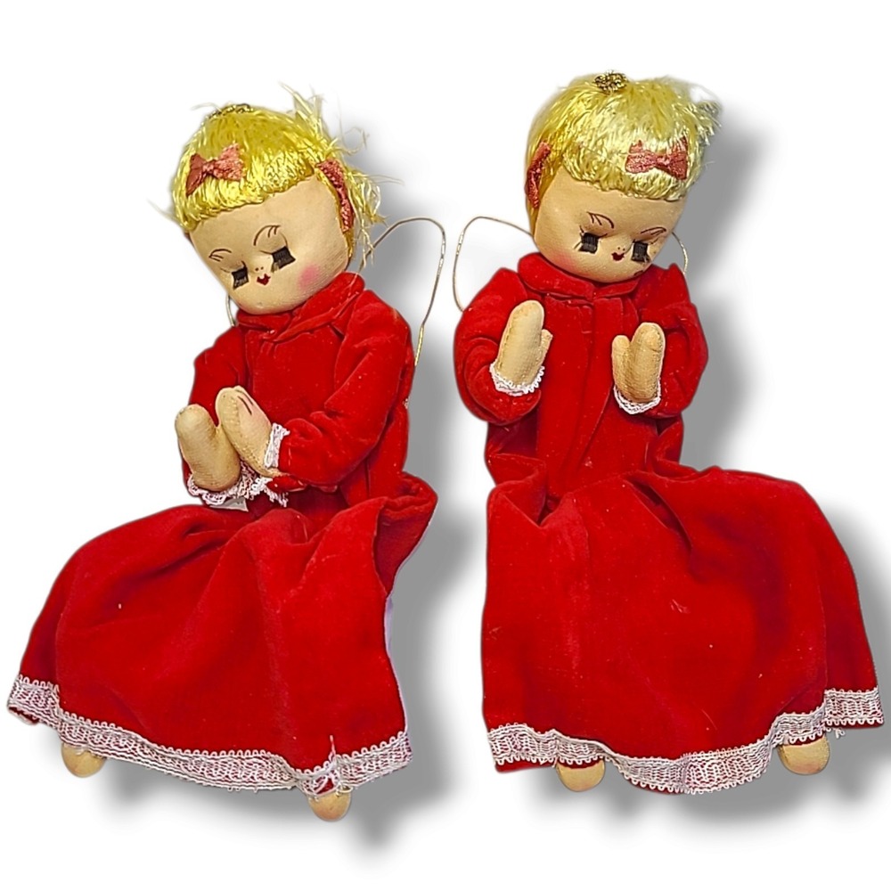2 Vintage Christmas Angels Stockinette Doll Ornament Posable 11" Figures Japan